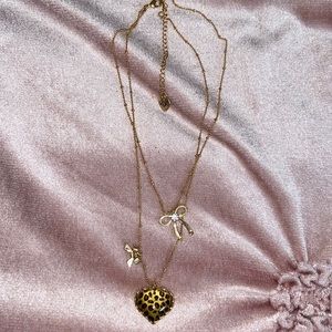 Betsey Johnson Double Chain Leopard Heart Pendant & Bow Necklace